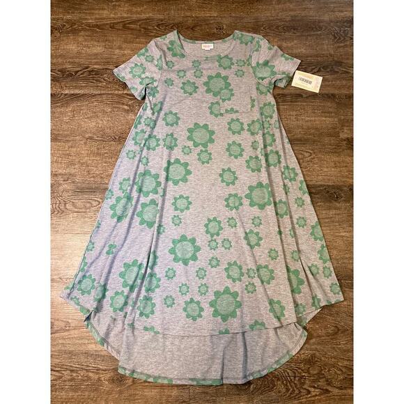 NWT LuLaRoe Carly 1 Pocket T-shirt Dress Grey With Green Flowers XS - Picture 1 of 9